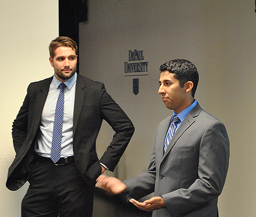 Franzese and Perez discuss Illinois Warrior to Warrior Project to a DePaul University Graduate class on September 23, 2013 (Photo credit/ Mike Reilley)